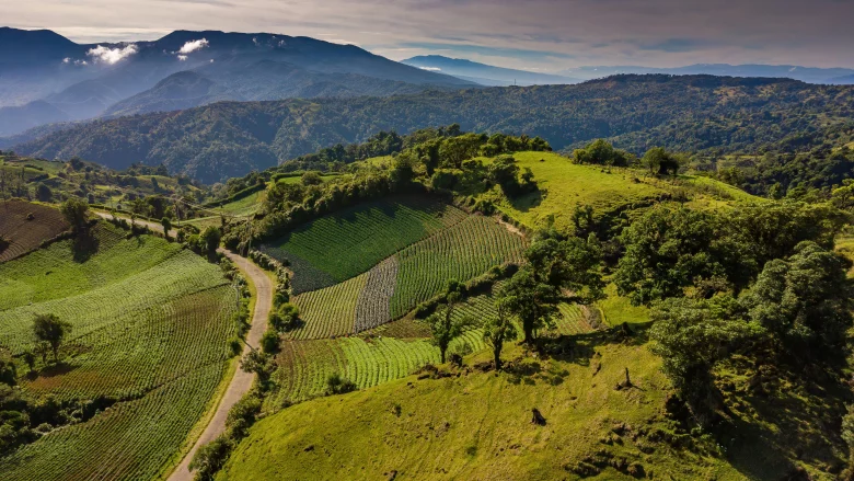 Costa Rican agricultural landscape and mountain ranges